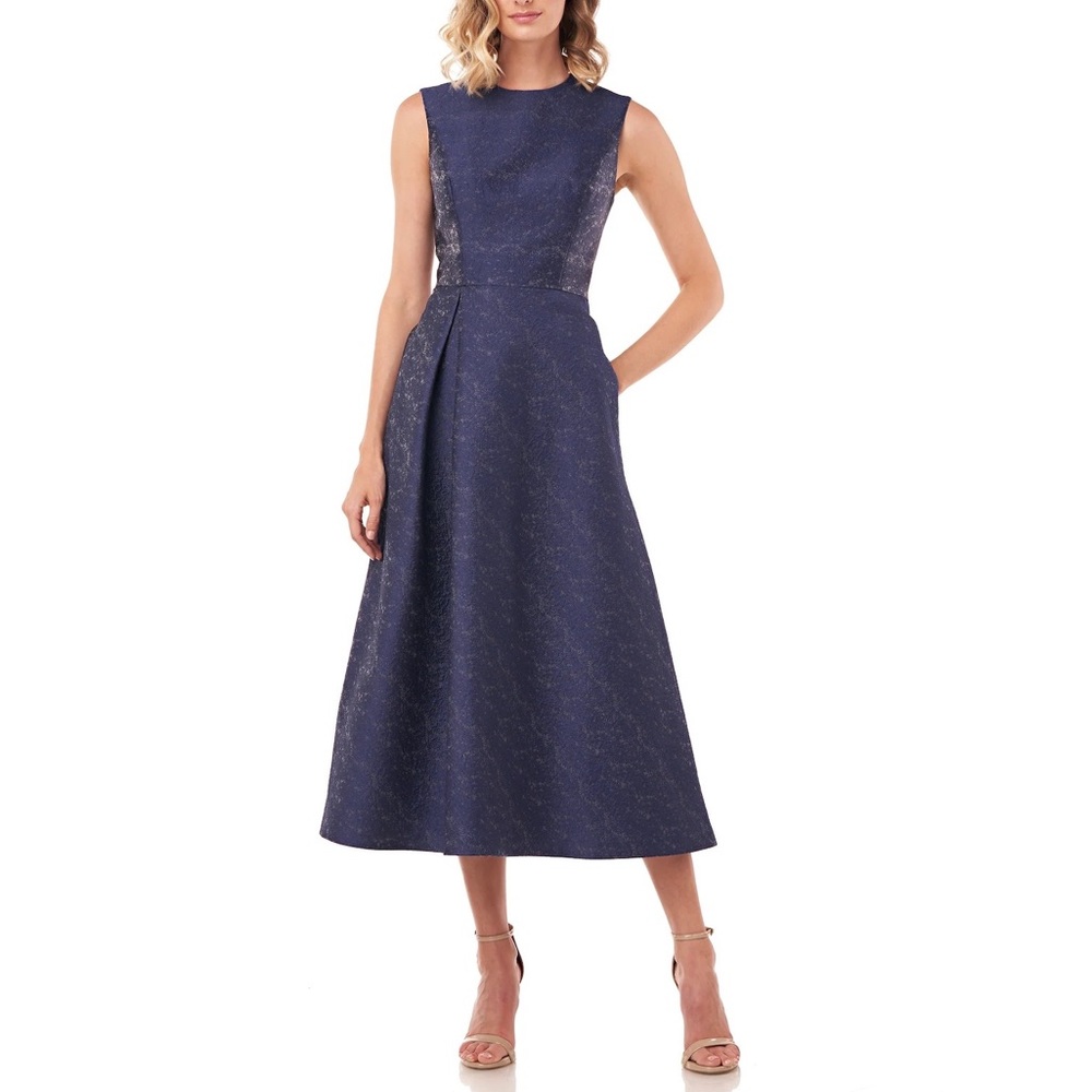 Kay Unger Belinda T-length Navy Jacquard Dress